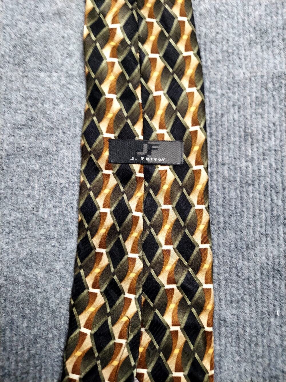 J. Ferrar Mens Silk Tie Geometric Diamond Olive Green Gold Black Abstract Silk